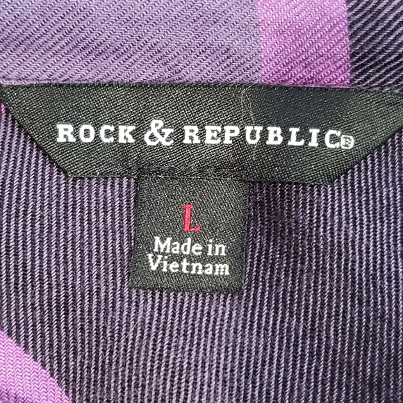 Rock & Republic Purple Black Plaid Button Up Shirt Top Size L Adjustable Sleeve - Picture 4 of 7